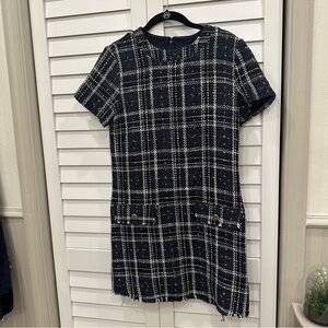 City Studio dress size 5 blue black gold white tweed